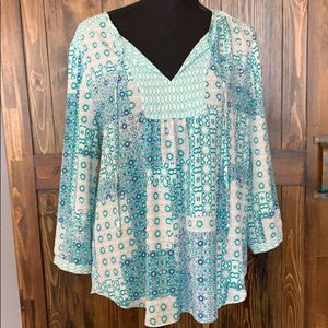 NYDJ Boho Mosaic Patchwork Split Neck Print Top XS